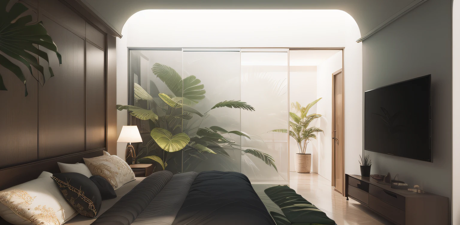 "Tropical garden with glass doors, showcasing a big window on the right side of the corridor, adorned by a beautiful wall on the left."The most realistic, most detailed, high-quality photo, glass door with corridor, corridor with tropical garden, behind tropical garden is large glass window, curved ceiling with wood paneling, dark parquet floor , detailed , modern, most modern bed , tropical garden