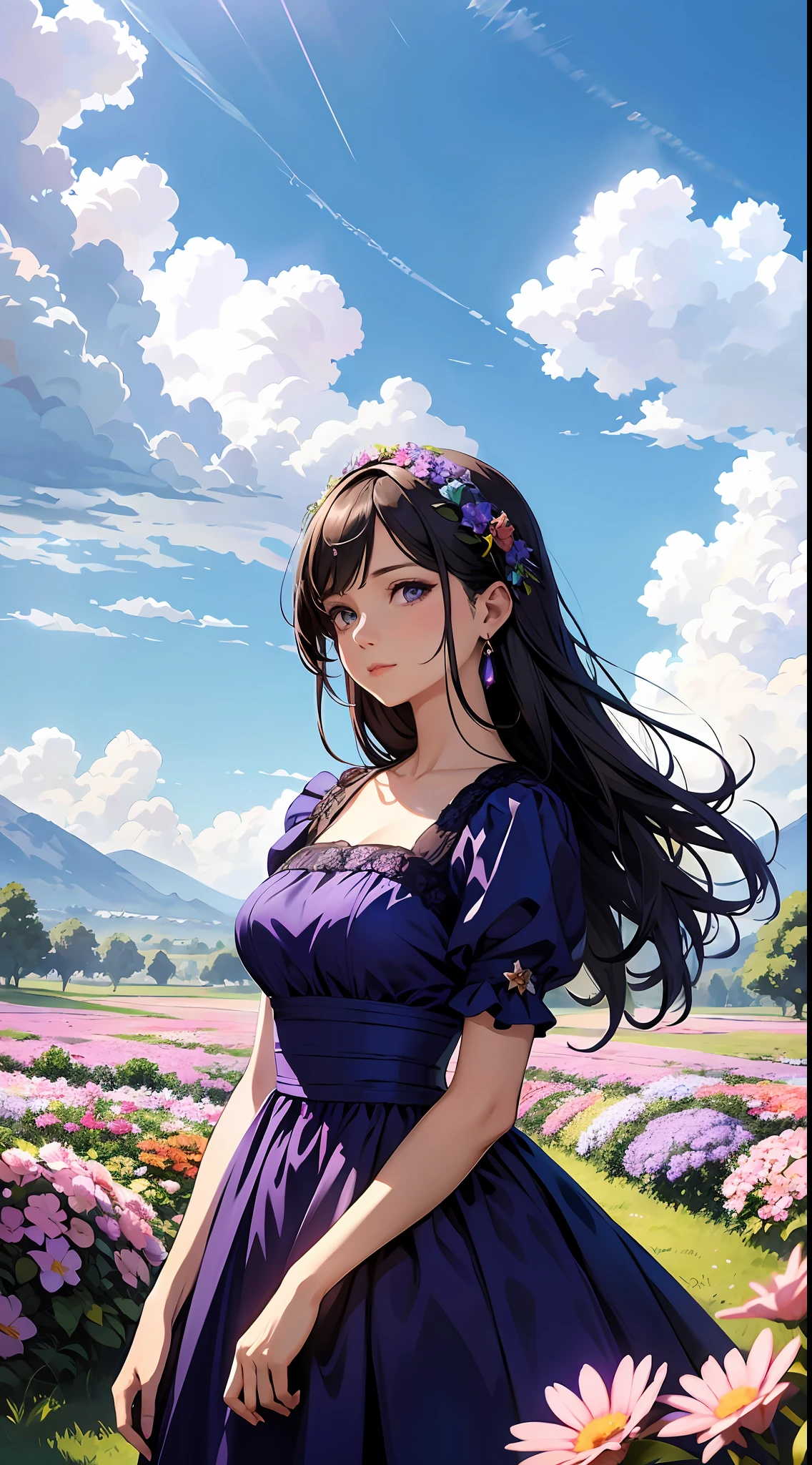 Eine Frau trägt ein lila Kleid，Blauer Himmel und Wolken im Hintergrund, trägt blaues Kleid，Es sind Blumen darauf, Art germ, Rosla globale Beleuchtung, ein detailreiches Gemälde, Fantasy-Kunst