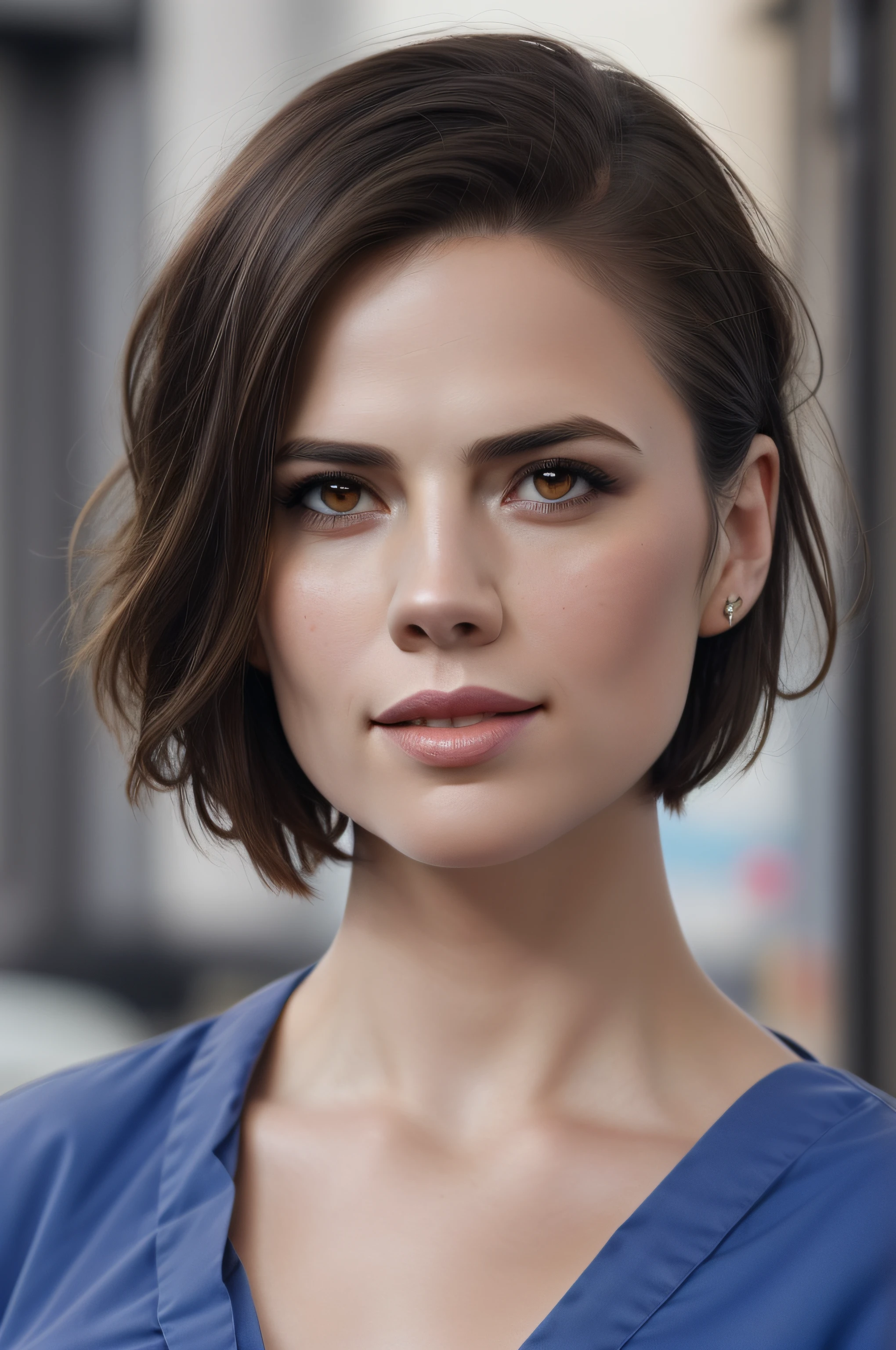 Beautiful woman, Hayley Atwell, wearing (light blue hospital scrubs), beautiful legs, (very short pixie hair::1.3), detailed eyes, (detailed realistic face), (skin texture), freckles, blush, confident smile, head tilted to side, highly detailed, modelshoot style, (extremely detailed CG unity 8k wallpaper), (whole body shoot::1.4) full body photo of the most beautiful artwork in the world, hospital, fashion top model, trending on ArtStation, trending on CGSociety, Intricate, High Detail, Sharp focus, dramatic, photorealistic painting art by midjourney