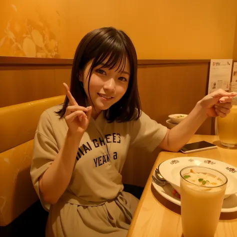 Smiling asian woman sitting at table holding a plate of food, with index finger, chiho, harumi, a photo of girl, restaurant!!, s...