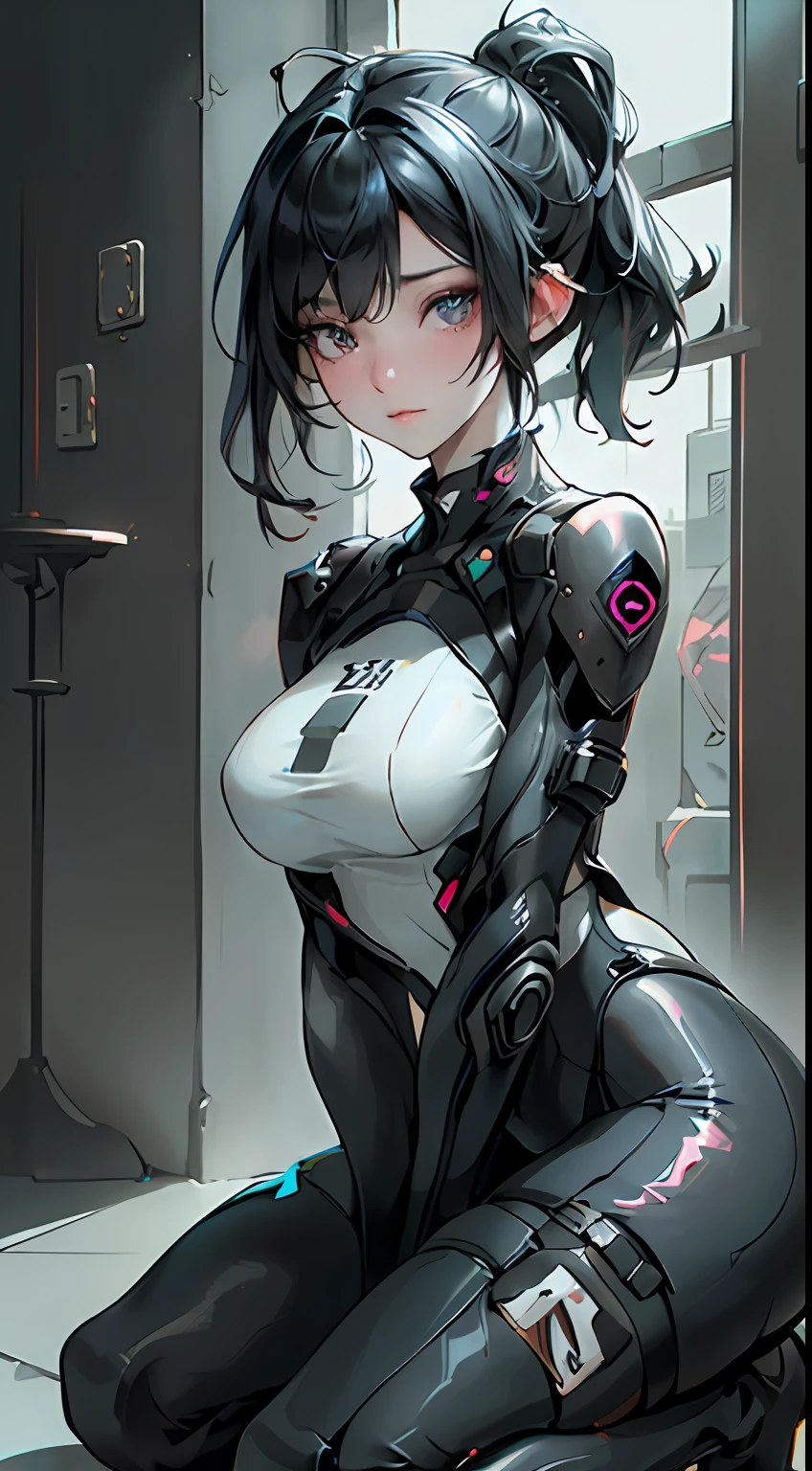 ((best qualtiy)), ((tmasterpiece)), (the detail:1.4), 3D, Delicate big eyes，frontage，Spread your legs，Detailed face，long eyelasher，Tight clothes，Details of large black pupils，with short black hair，Bigboobs，A beautiful cyberpunk female image,hdr（HighDynamicRange）,Ray traching,NVIDIA RTX,Hyper-Resolution,Unreal 5,Subsurface scattering、PBR Texture、post-proces、Anisotropy Filtering、depth of fields、Bigboobs，Raised sexy，maximum definition and sharpnesany-Layer Textures、Albedo e mapas Speculares、Surface coloring、Accurate simulation of light-material interactions、perfectly proportions、rendering by octane、Two-colored light、largeaperture、Low ISO、White balance、the rule of thirds、8K raw data、