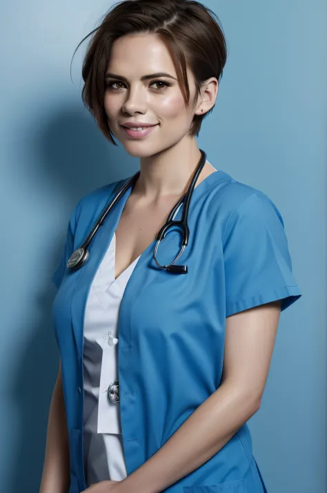 Beautiful woman, Hayley Atwell, wearing (light blue hospital scrubs), beautiful legs, (very short pixie hair::1.3), detailed eye...