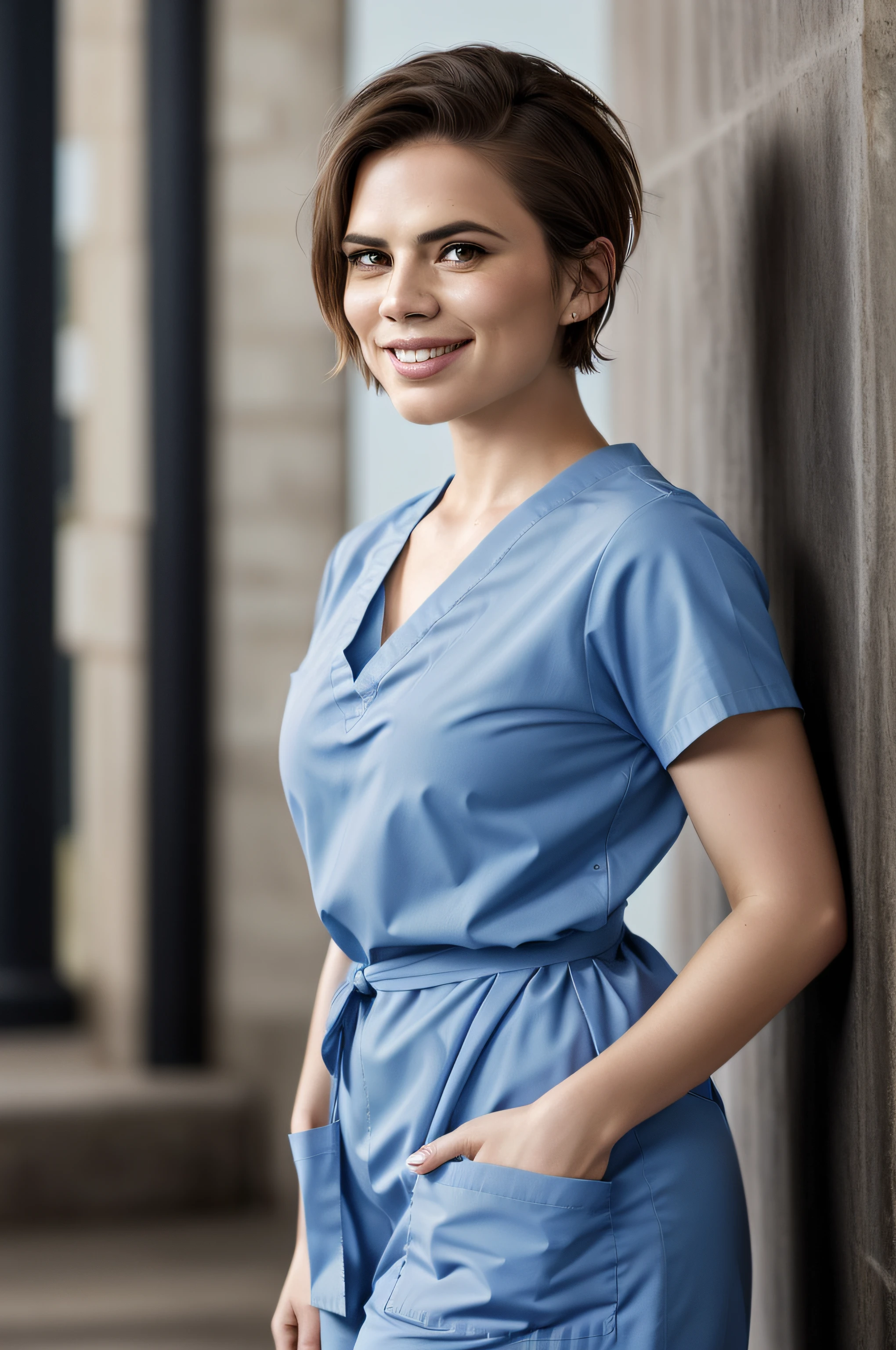 Beautiful woman, Hayley Atwell, standing, wearing (light blue hospital scrubs), beautiful legs, (very short pixie hair::1.3), detailed eyes, (detailed realistic face), (skin texture), freckles, blush, confident smile, (head tilted to side::1.3), highly detailed, modelshoot style, (extremely detailed CG unity 8k wallpaper), (whole body shoot::1.4), head to toe photo of the most beautiful artwork in the world, hospital, fashion top model, trending on ArtStation, trending on CGSociety, Intricate, High Detail, Sharp focus, dramatic, photorealistic painting art by midjourney