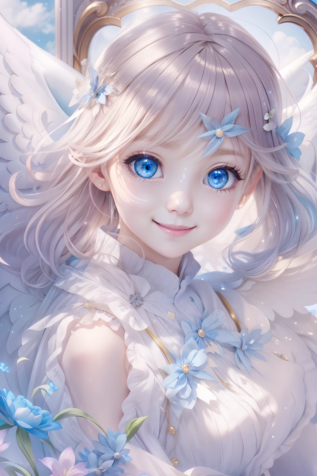 파란 눈의 천사、더 아름다운 천사들、판타스틱 엔젤、하늘 배경、광휘、미소