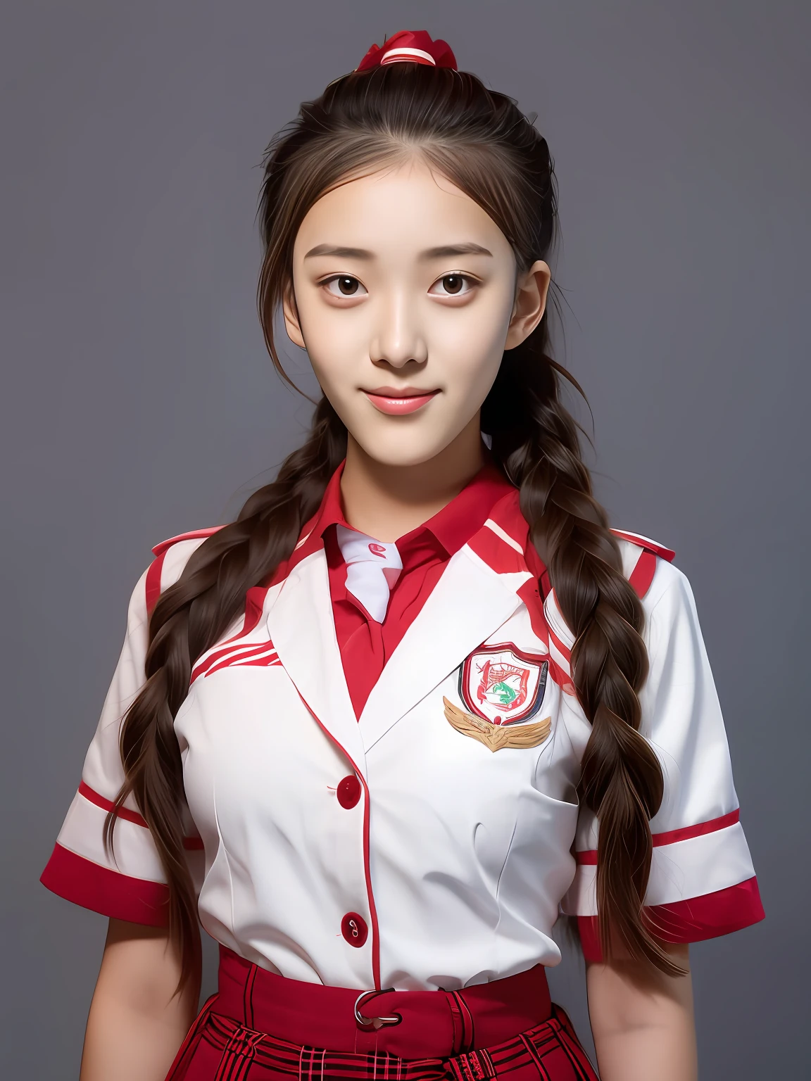 A 17-year-old female high school student，Wear a red and white school uniform，