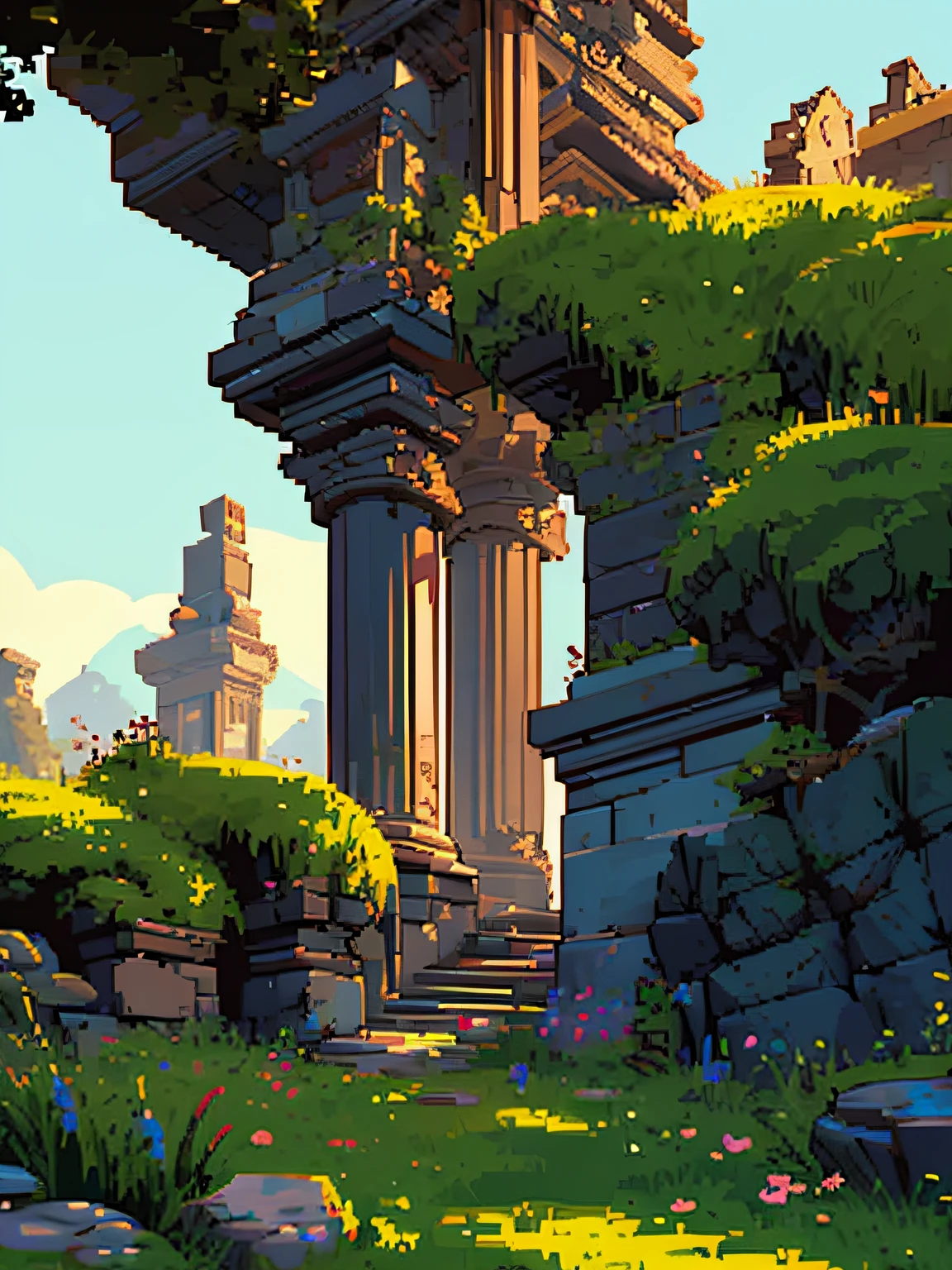 ((pixel art: 1.5)), Chaos, dragon, girl, rocks, grass, moss, view from the ground to the sky, pillar, writings, fantasy, medieval