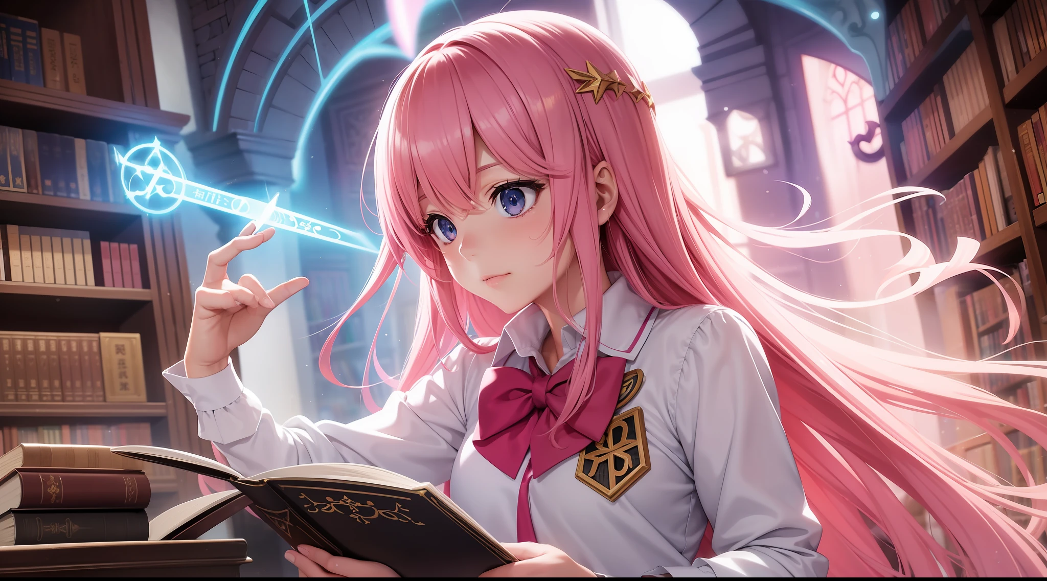 "Uma garota fotorrealista de alta qualidade estilo anime com cabelo rosa, Vestido com um traje mágico com runas brilhantes, Lançando feitiços em uma biblioteca mágica cheia de tomos antigos e artefatos místicos, tirada com uma Câmera Encantada Avançada e utilizando uma Lente Etérea