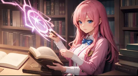 "A Photorealistic High-Quality Anime-Style Girl with Pink Hair, Dressed in a Magical School Uniform with Glowing Runes, Casting ...