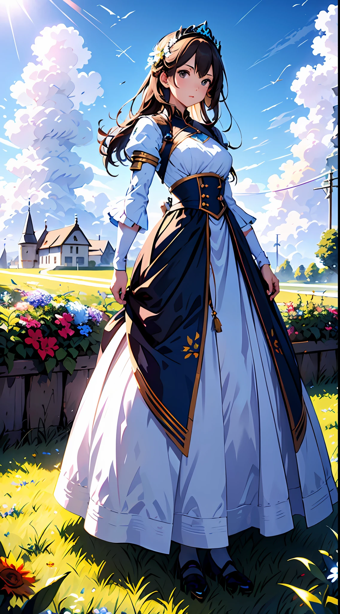 una mujer con un vestido blanco，Cielo azul y nubes en el fondo, vistiendo un vestido azul，Hay flores en el, germen de arte, Iluminación global Rosla, una pintura detallada, Arte De Fantasía