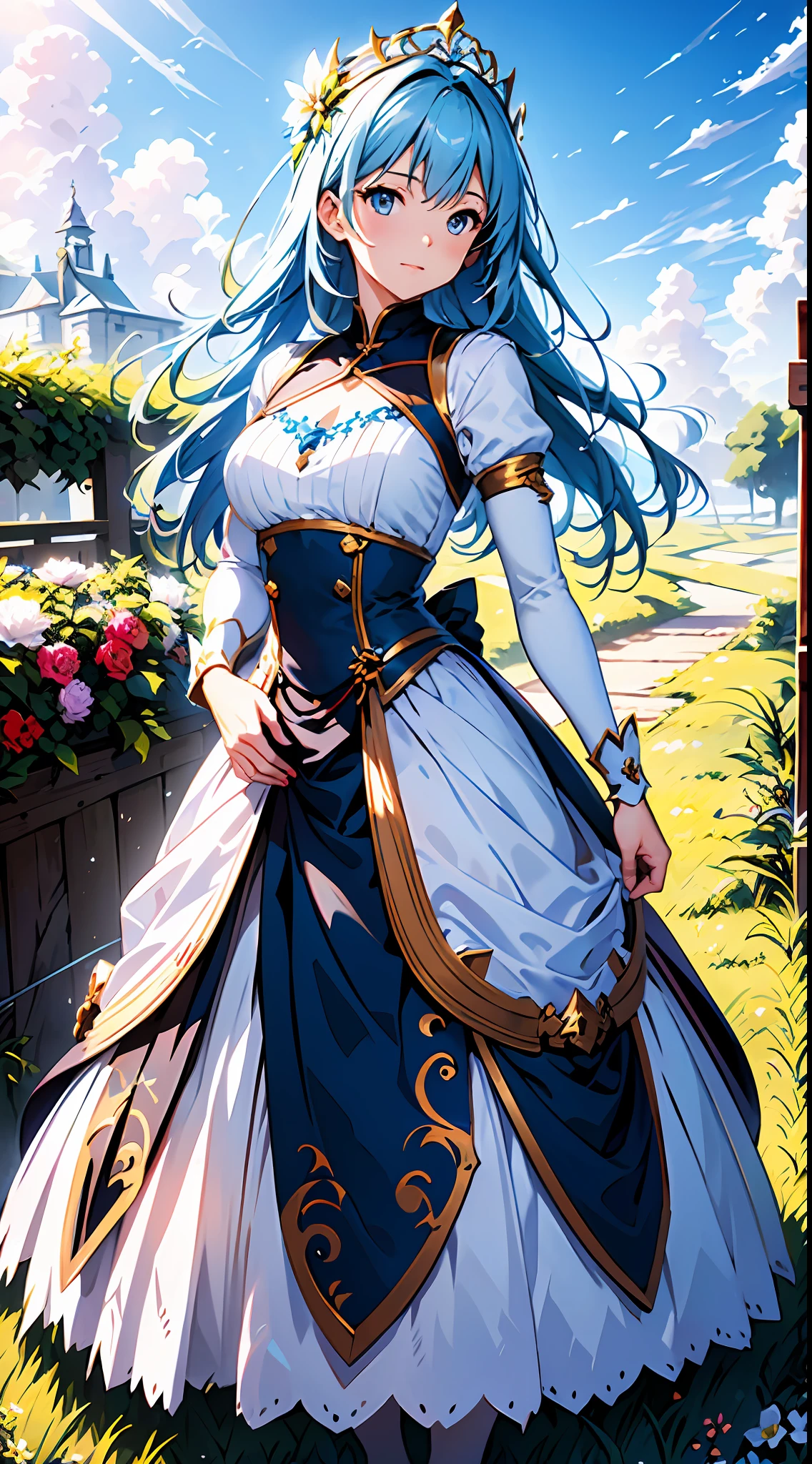 eine Frau in einem weißen Kleid，Blauer Himmel und Wolken im Hintergrund, trägt blaues Kleid，Es sind Blumen darauf, Art germ, Rosla globale Beleuchtung, ein detailreiches Gemälde, Fantasy-Kunst