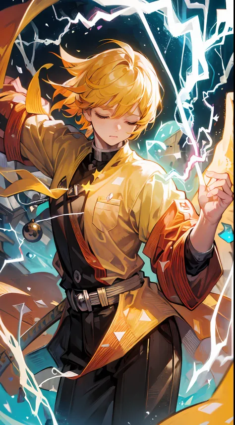 (((master piece))),((best quality)),((((town)))),detailed,1boy,solo,resting, yellow hair,just suit,pants,closed eyes,(((electric...