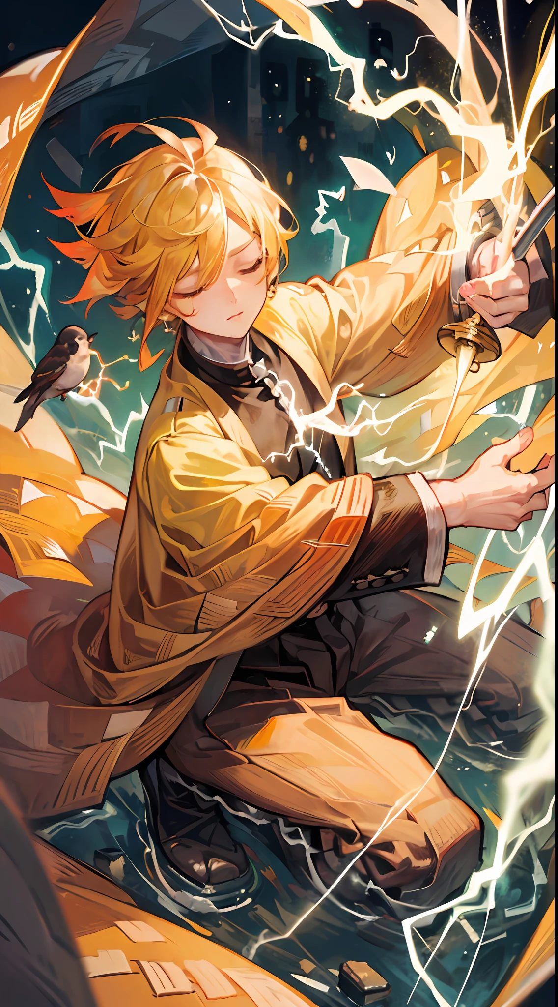 (((master piece))),((best quality)),((((town)))),detailed,1boy,solo,resting, yellow hair,just suit,pants,closed eyes,(((electricity))),katana,holding sword,bird, animal,animal on shoulder,ultra detailed face