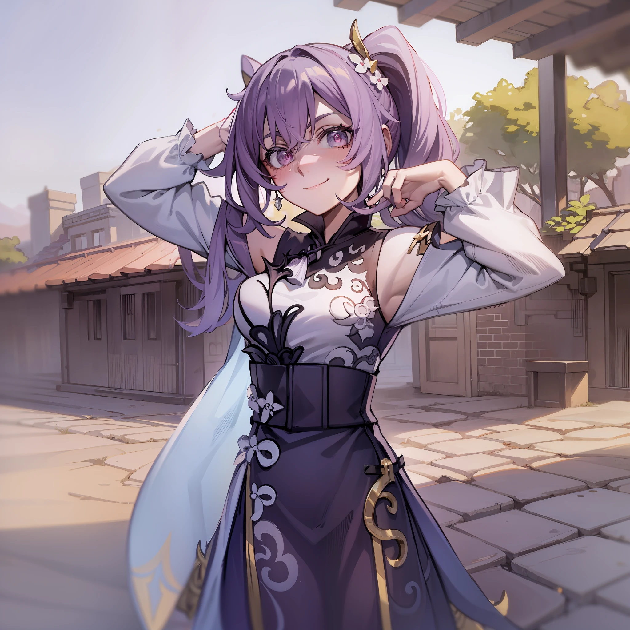 female , keqing (genshin impact), arms up, looking at viewer, purple hair, pink pupils, (white background:1.4), (masterpiece, best quality:1.2), (solo), (1girl), best quality, (photorealistic:1.4),ultra detailed, solo, (full body:1.5), standing, love in eyes, double ponytail, blushing, cute, smile, china dress, china outfit, long sleeves, miniskirt