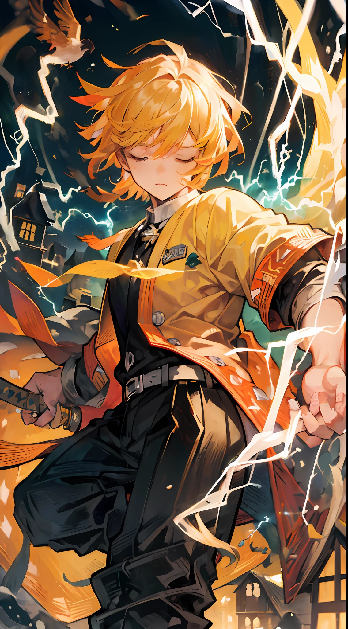 (((master piece))),((best quality)),((((town)))),detailed,1boy,solo,resting, yellow hair,just suit,pants,closed eyes,(((electricity))),katana,holding sword,bird, animal,animal on shoulder,ultra detailed face