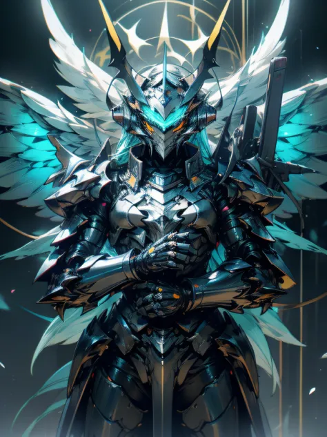 Demonangel weiblich with horns on the head, huge wings and a heavy cyber armor with neon lights blue white with golden decorations