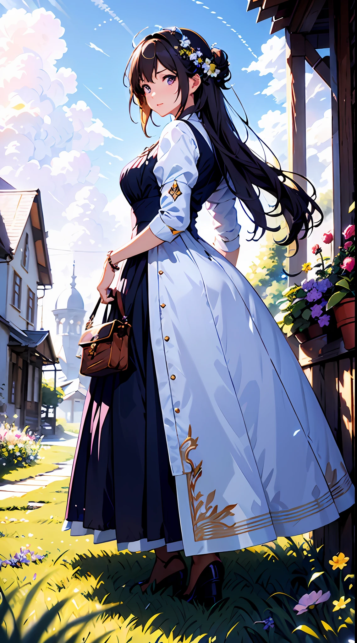 eine Frau in einem weißen Kleid，Blauer Himmel und Wolken im Hintergrund, trägt ein lila Kleid，Es sind Blumen darauf, Art germ, Rosla globale Beleuchtung, ein detailreiches Gemälde, Fantasy-Kunst