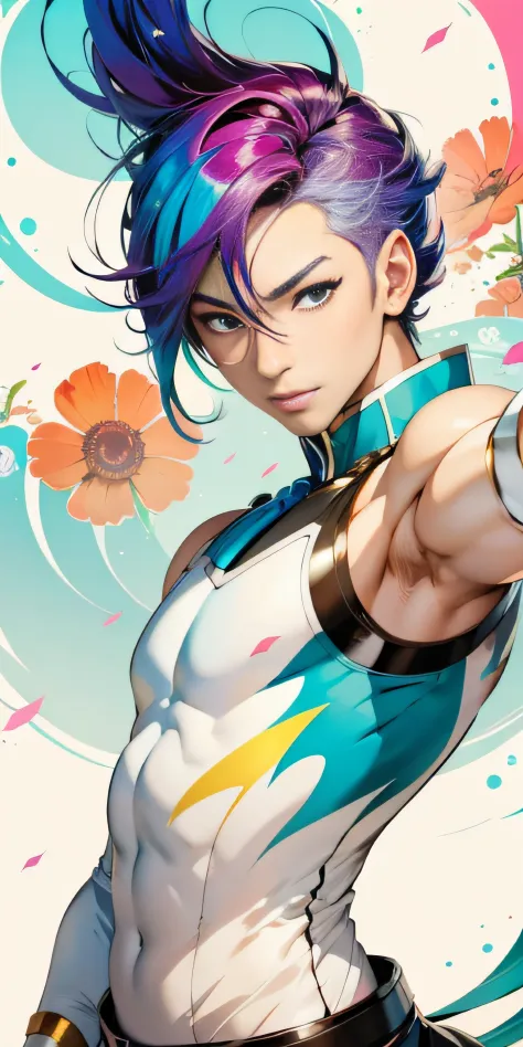 masterpiece, anime boy with detailed eyes, colorful hair and a colorful dress, rossdraws pastel vibrant, rossdraws cartoon vibra...