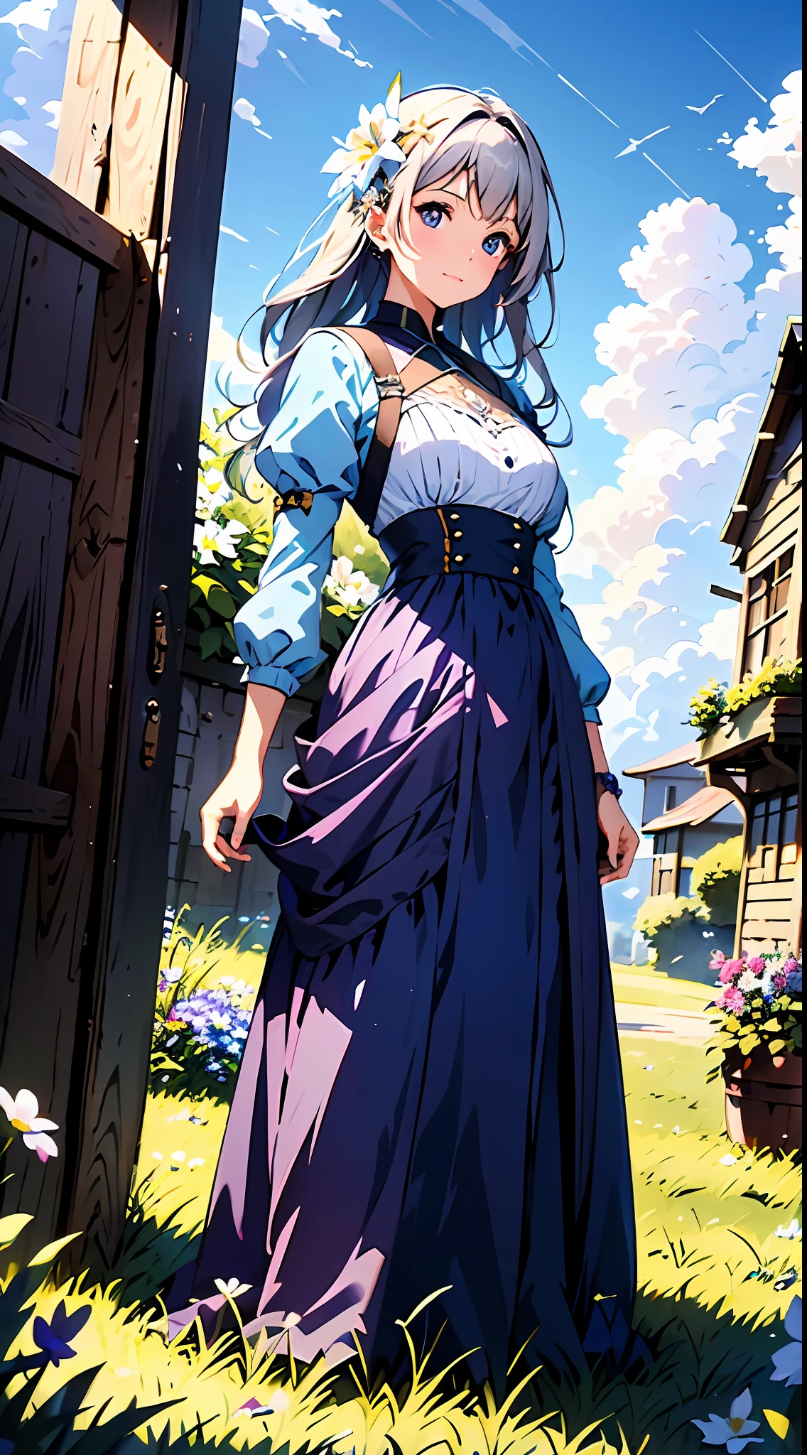 Una mujer con un vestido morado.，Cielo azul y nubes en el fondo, lleva un vestido blanco，Hay flores en el, germen de arte, Iluminación global Rosla, una pintura detallada, Arte De Fantasía