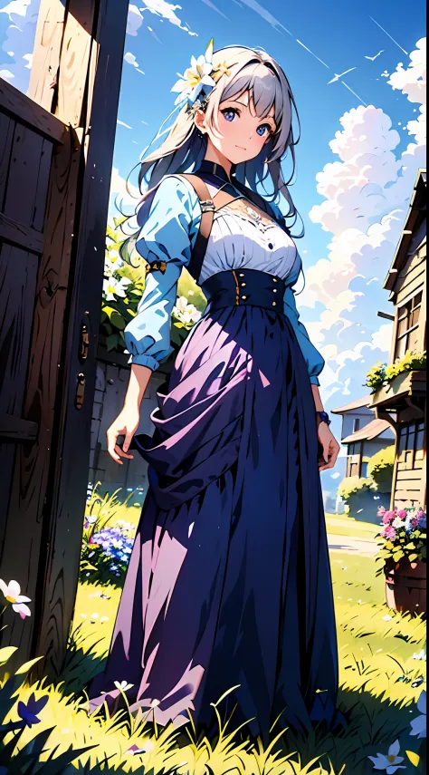 A woman in a purple dress，Blue sky and clouds in background, wears a white dress，There are flowers on it, Art germ, Rosla global lighting, a detailed painting, Fantasy art