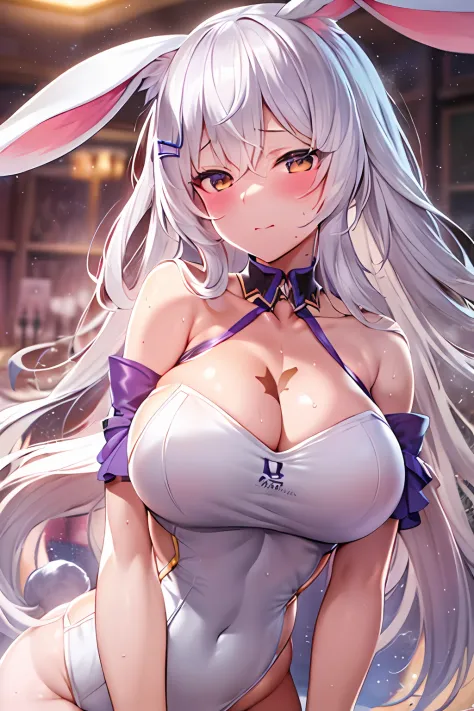 anime girl with long white hair and rabbit ears, rabbit ears girl, solo, seductive anime girl, very beautiful anime rabbit girl, cute anime rabbit, cute anime rabbit, white haired deity, cute anime rabbit, perfect anatomy, tanned skin, big breasts, big thi...
