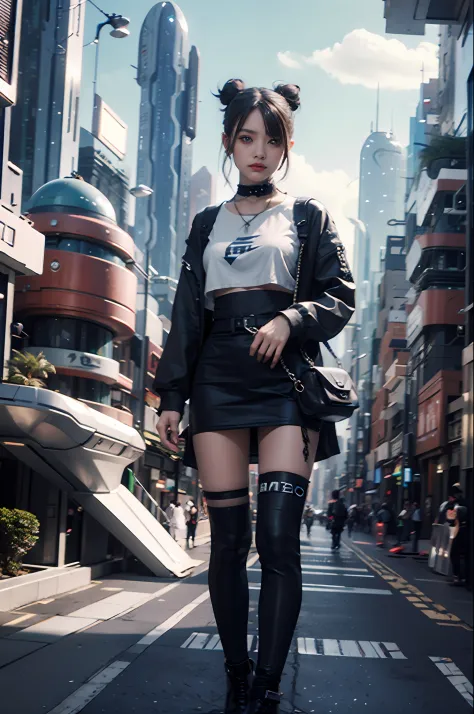 masterpiece, best quality, 1 cyberpunk girl wearing Harajuku-inspired cyberpunk outfit, standing in street, bold colors and patt...