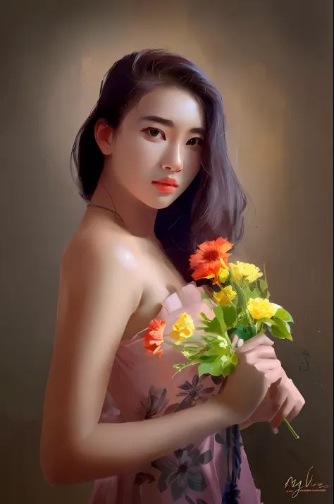 arafed woman in a strapless dress holding a bunch of flowers, female portrait with flowers, with flowers, beautiful young korean...