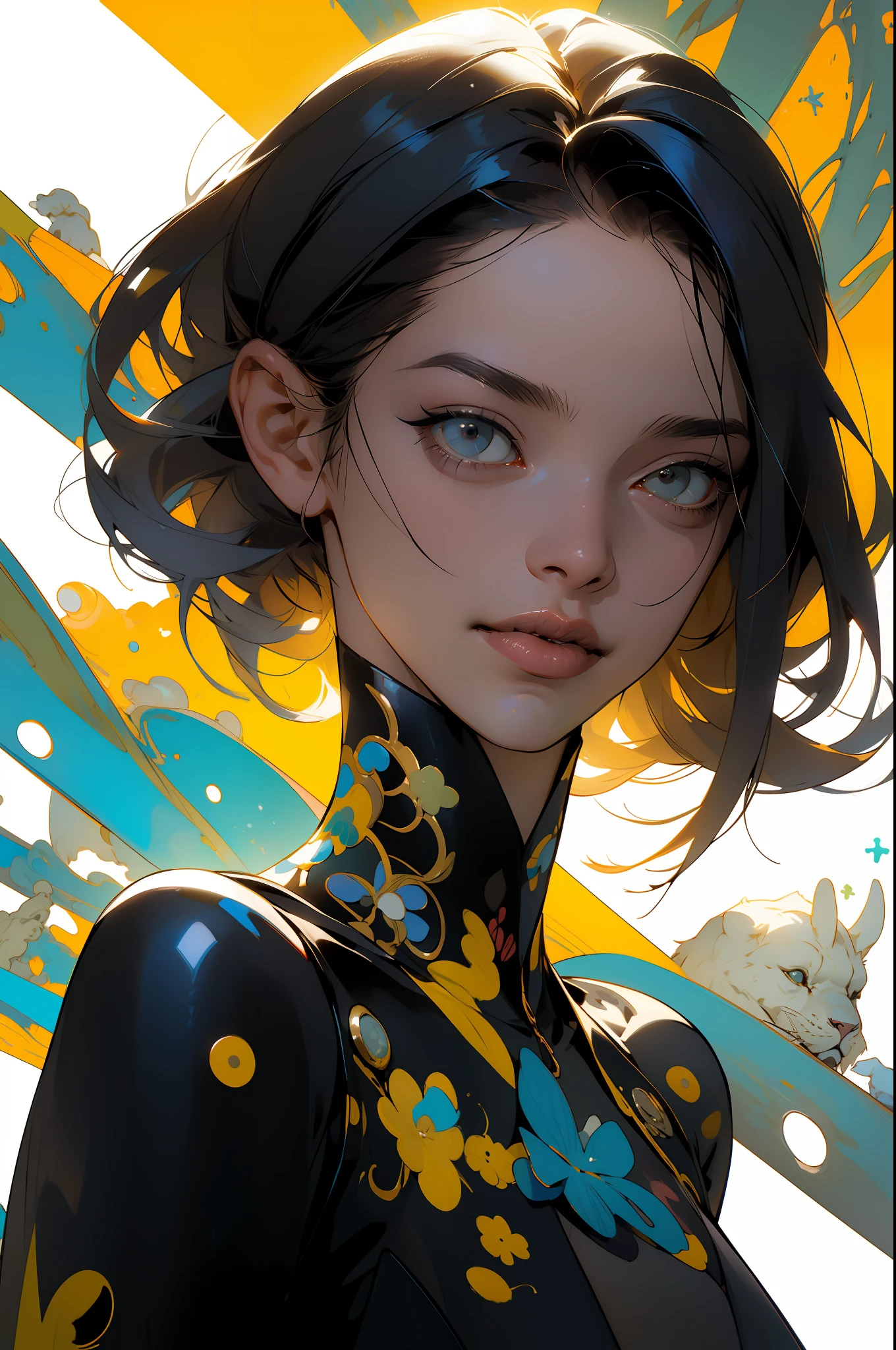 No estilo do futurismo cyberpunk, niña sonriente con el pelo súper corto, influencia africana, etam cru, azul claro y dorado, Michael Creese, Steelpunk, michael húsar, fondo blanco, atajo, tatuaje en todo el cuerpo, Mejor calidad, alta calidad, foto editorial, absurdos, obra-prima, detalle intrincado, grano de película, sus delicadas facultades humanas sostienen las notas ilustradas en 2D, Detalle 4K, Paso a paso