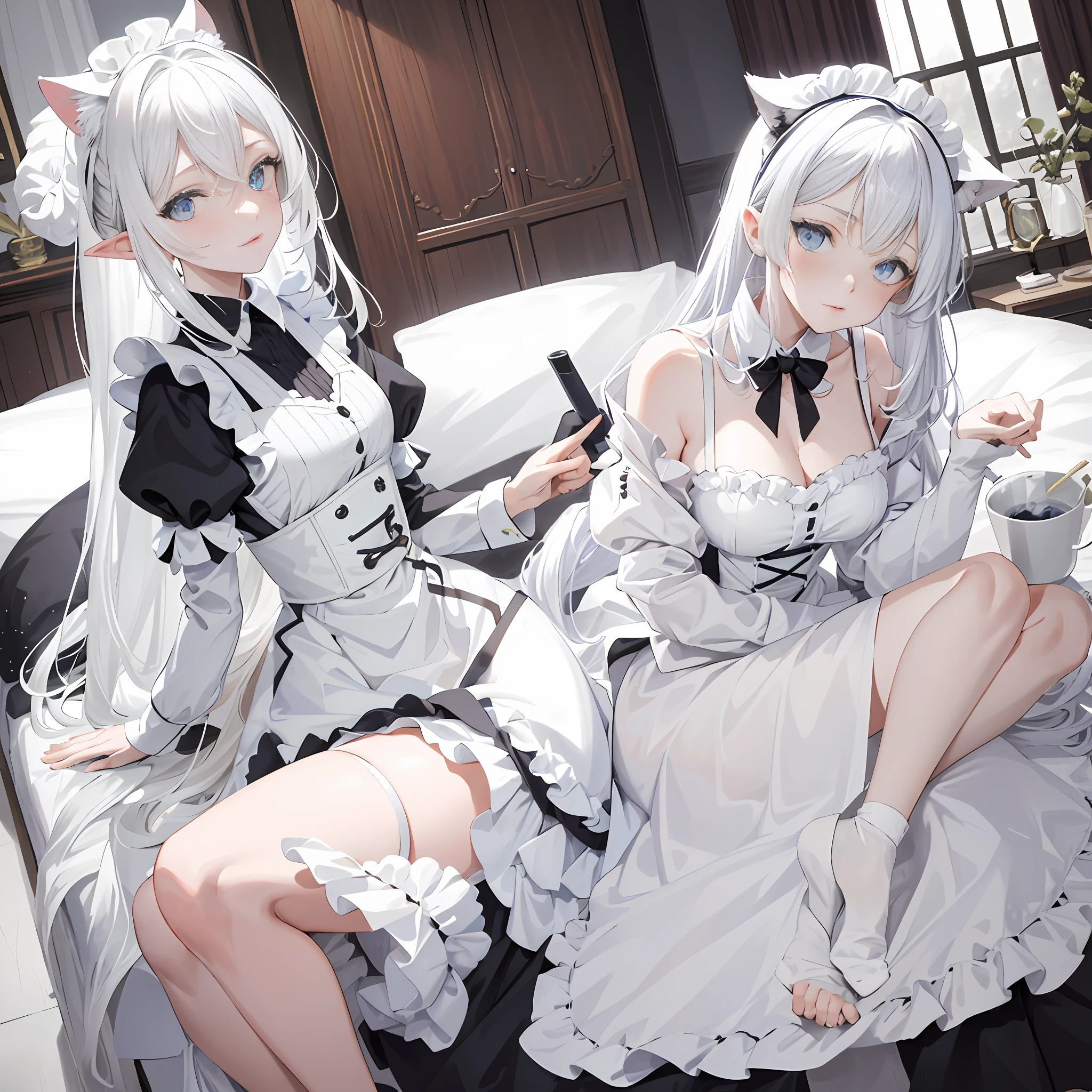 Lazy wind，wide blue eyes，White hair，Dull hair，Beast-eared maiden，White tones，sitted，1girll，Solo，adolable，the maid outfit，Big hazy eyes，Facial details are exquisite，Beth，onbed，Impeccable，Cute pose，Cartoon cute cat's paw gloves