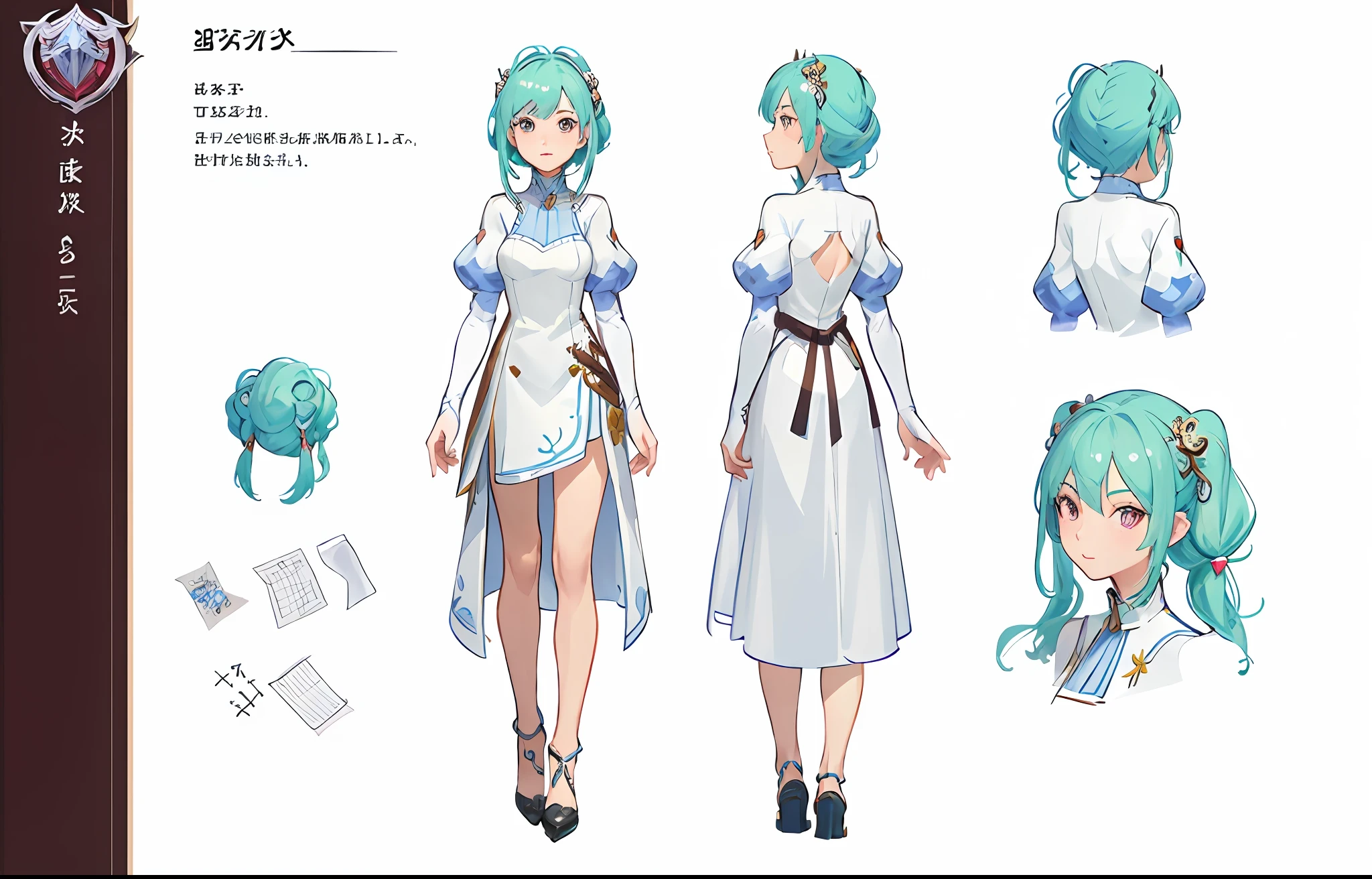 ((masterpiece)),(((best quality))),(character design sheet, same character, front, side, back), illustration, 1 girl, Random character, charturnbetalora, concept art, character concept art, character sketch, reference sheet, character sheet, (simple background, white background: 1.3)