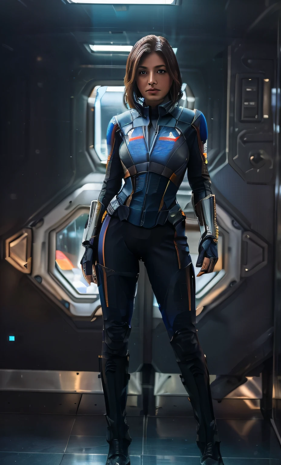 Daisy Jhonson en tant que capitaine d&#39;un vaisseau spatial, Regarder à travers une vitre dans l&#39;espace, (inspiré de Mass Effect), Armure d&#39;une seule pièce, botte noire, (8k, photo brute, photoréaliste: 1,25), (beaucoup de brillant à lèvres, très nombreux cils, meilleure qualité, ultra haute résolution, Profondeur de champ, aberration chromatique, Lumière large, Cor Naturel, Image à distance (1:2), (((tout le corps)))