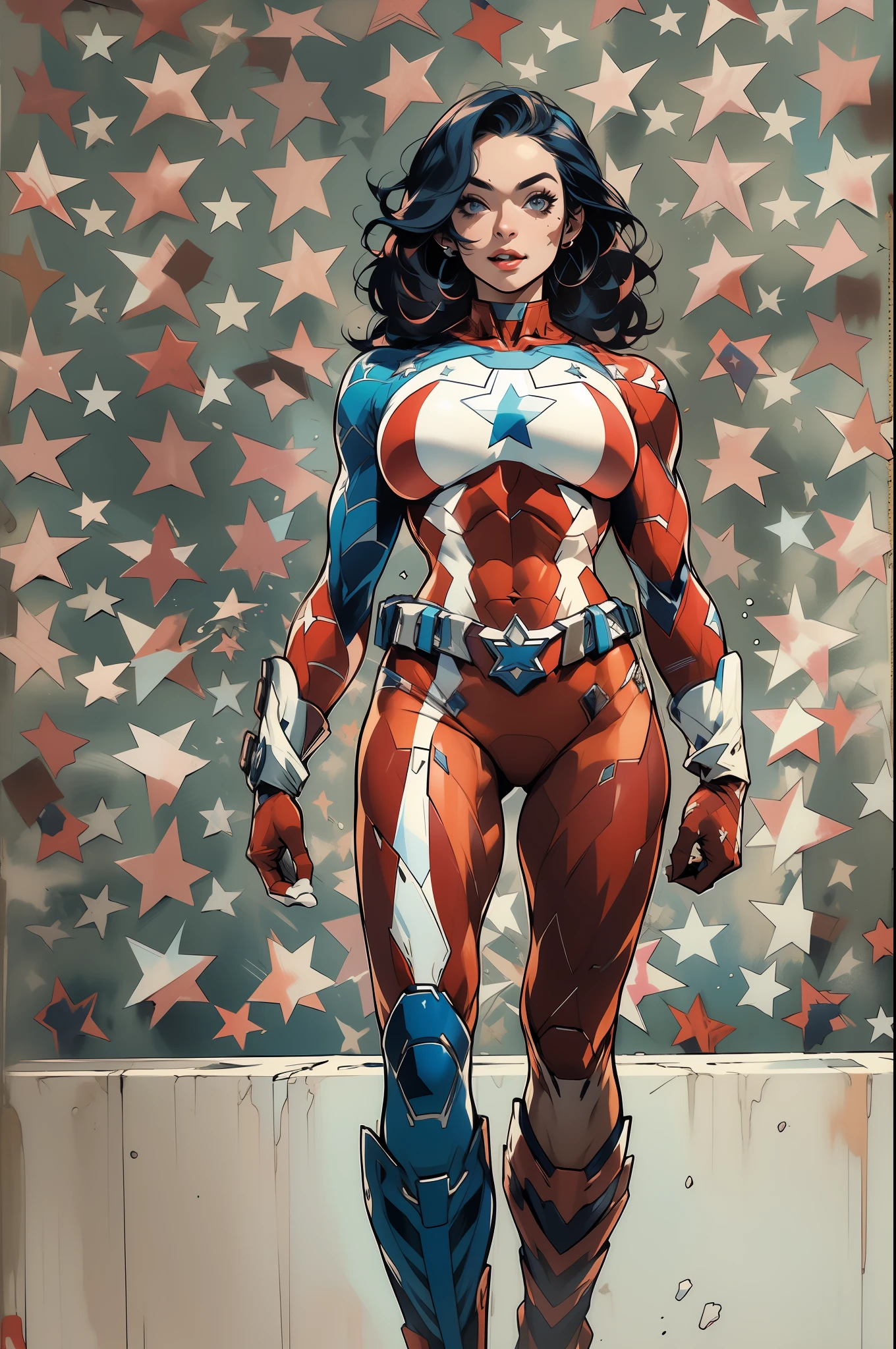 estilo niji, super-heroína muscular, corpo perfeito e proporcional, pose sexy, estrelas de 5 pontas, garota sorridente de cabelo loiro, Influência americana, vestindo a roupa do Capitão América, Michael Creese, Miguel Hussardo, fundo branco, roupa azul vermelho e branco, melhor qualidade, alta qualidade, foto editorial, absurdos, obra-prima, detalhe intrincado, grão de filme, suas delicadas faculdades humanas seguram as notas ilustradas 2D, detalhe 4k, passo a passo