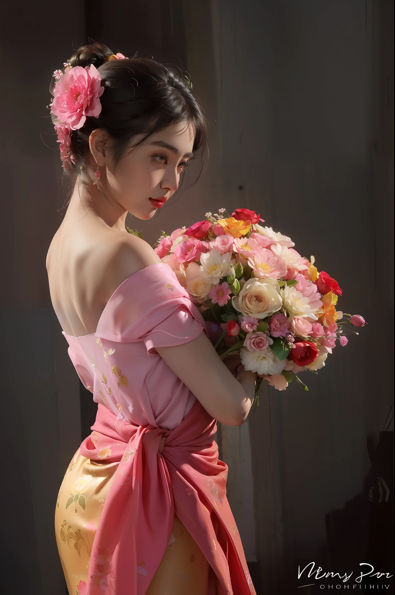 arafed woman in a pink dress holding a bouquet of flowers, carrying flowers, with flowers, wrapped in flowers, holding flowers, asian woman, lovely woman, lady with glowing flowers dress, female portrait with flowers, flower goddess, traditional beauty, beautiful woman, beautiful asian woman, turban of flowers, beautiful oriental woman, asian girl, gorgeous woman, woman in flowers