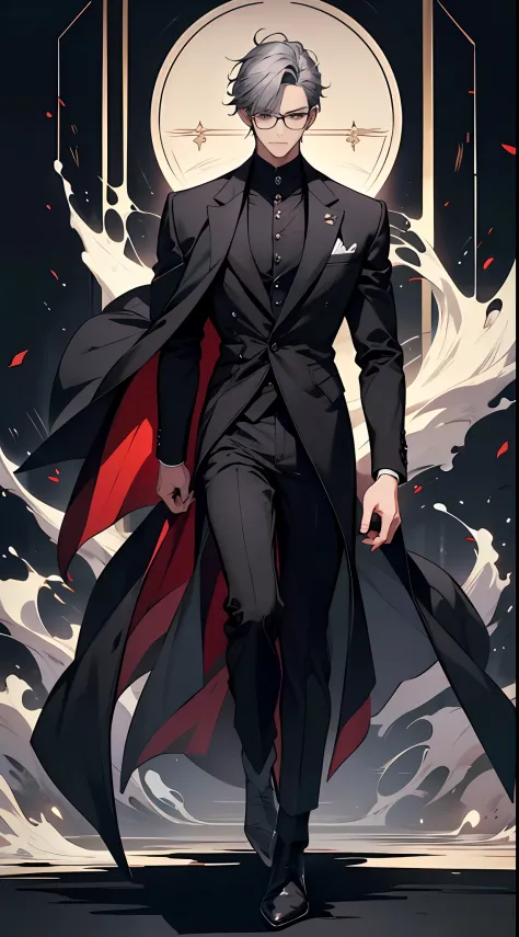 1 man，solo person，standing on your feet，Full body standing painting，超高分辨率，illustration，Wearing a gorgeous black suit，Gray hair，darkly，black-frame glasses，The coat is draped over the body，with black background，official character illustration
