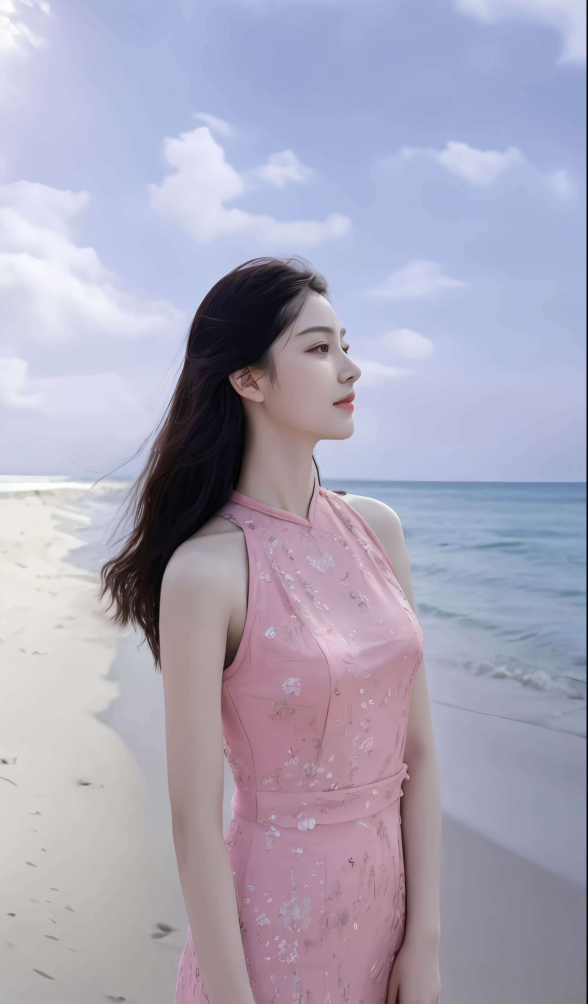 (Masterpiece), (Best Quality), (detailed), 1 girl, 22 years old, playful expression, big breasts, long hair, beautiful, natural, exposed, Alafid woman in pink dress standing on the beach, Shaxi, Sea Queen Mu Yanling, Ruan Jia beautiful! , cover photo portrait Du Juan, Li Zixin, inspired by Tang Yifen, Chen Xintong, Ye Wenfei, inspired by Xie Sun, by Mei Qing, inspired by Cheng Jiasui, inspired by Ma Yuanyu