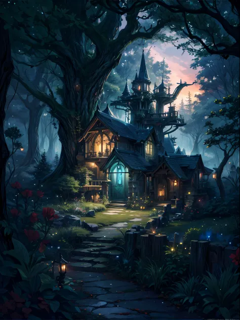 (masterpiece, top quality, best quality. official art, beautiful and aesthetic:1.2). Stunning matte painting portraying there is a stone building in the middle of a forest, dark fantasy setting, enchanted magical fantasy forest, witch cottage in the forest...