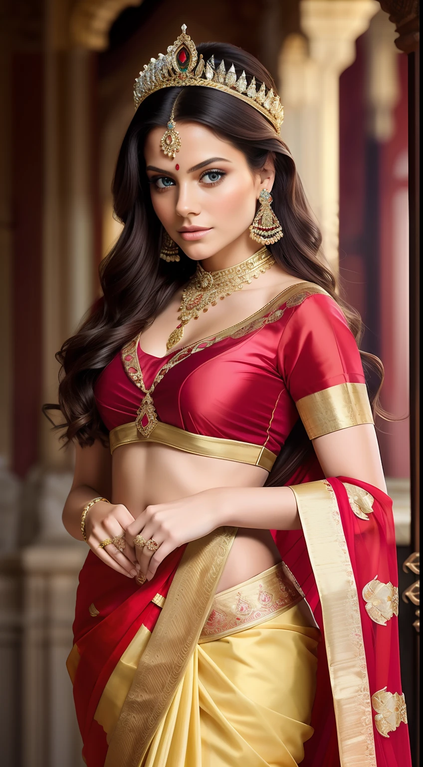 A woman in a red and gold sari with a crown on her head - SeaArt AI