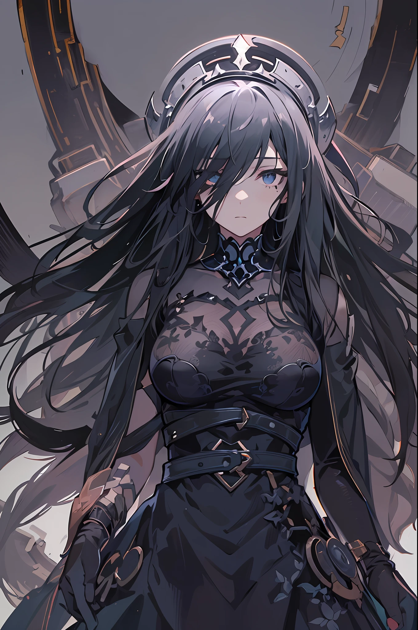 1girl, anime, (((ultra-detailed))), ((masterpiece)), ((illustration)), modern, waist up, facing forward, young adult, (mature), long black hair, black eyes, lifeless eyes, fair skin, emotionless, mercenary, void spawn, black dress