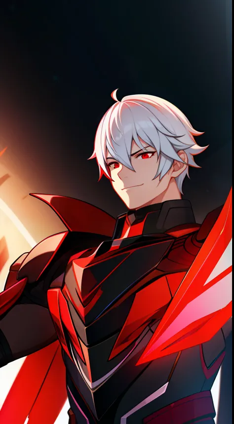 adult man, short white hair, red eyes, deceptive armor, starskrim, smirk, flying, masterpiece, hiquality