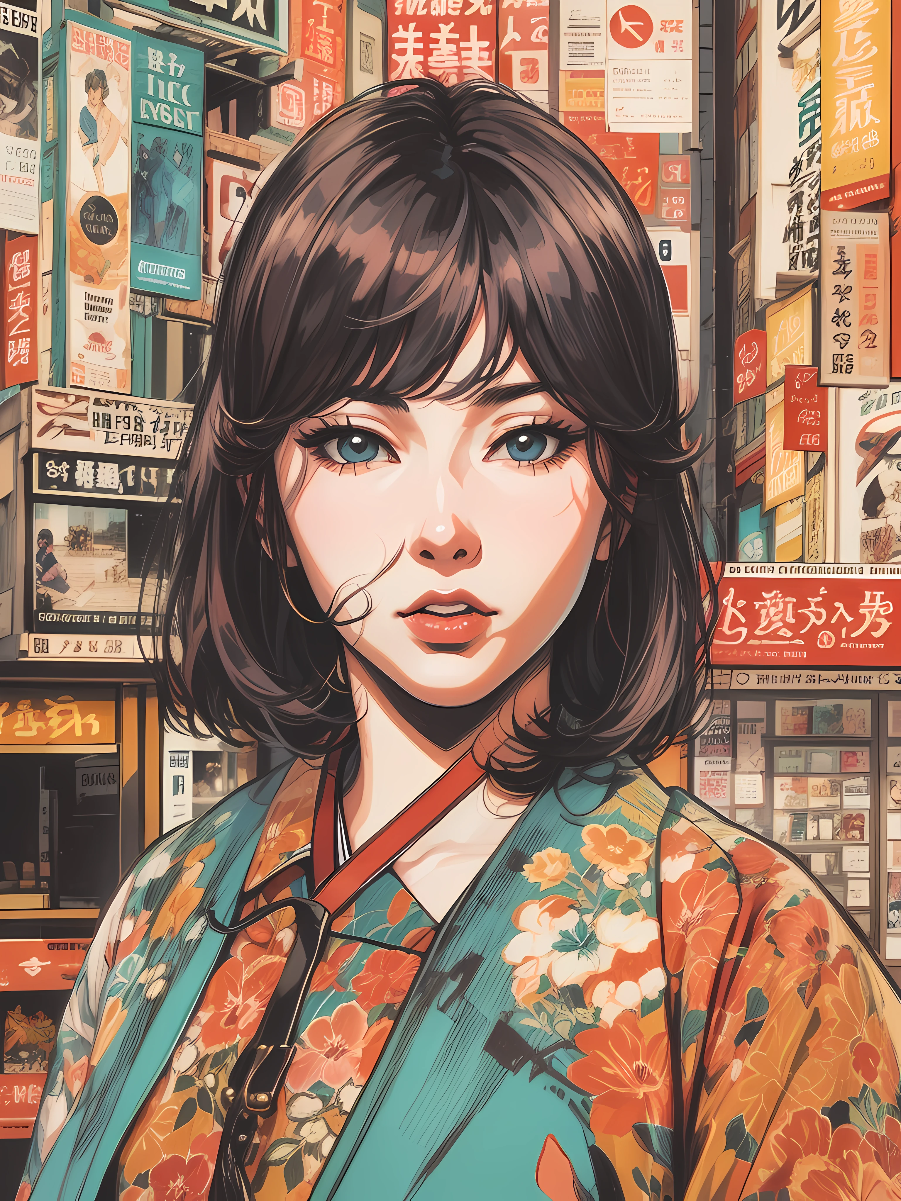 Por favor, Create a high-quality anime-style illustration, portraying a woman in Japan City in the 60's. This master piece of pop art will be inspired by the color palette of newspapers and magazines from the 80s. The drawing must be done by hand, seguindo uma linha simples (line art), To highlight the details of the illustration. The end result will be high-resolution digital art, com alto detalhamento, transformando-se em uma verdadeira obra-prima (masterpiece) de retrato.