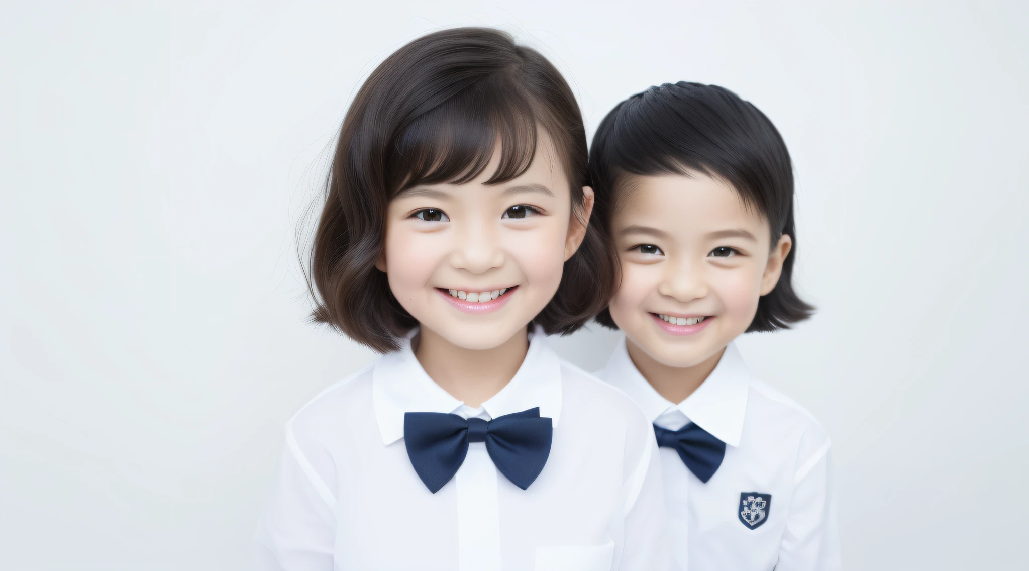 estilo moderno, Fondo blanco, Foto de identificación del niño, lindo, Niña sonriente, ojos oscuros, cabello corto, corbata de moño, claro, alta calidad