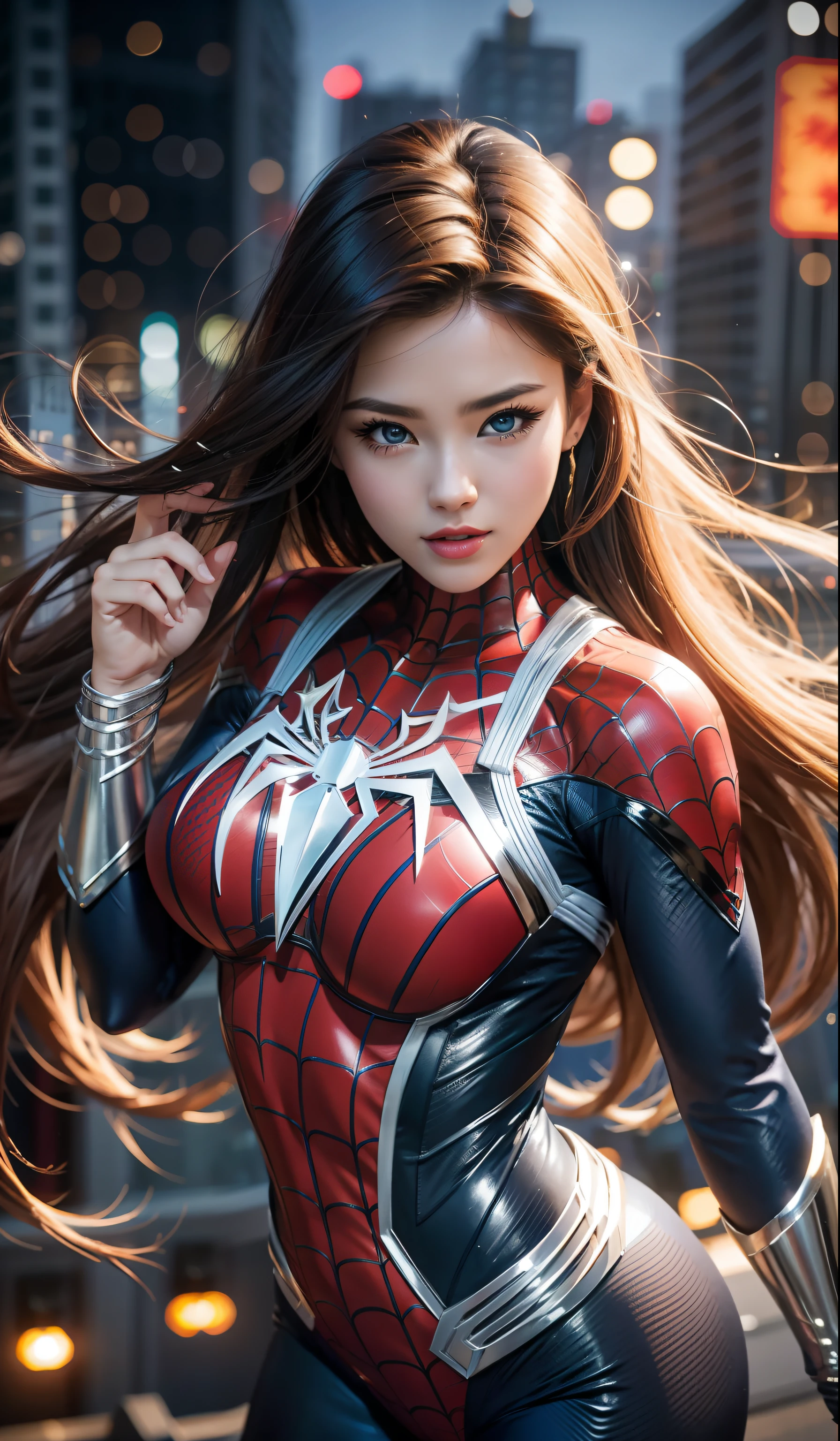 （tmasterpiece：1.4）， （8k， realisticlying， RAW photos， best qualtiy： 1.4）， japanes， （1girll）， beauitful face， （photorealiscic face：1.4）， （whaite hair， long whitr hair：1.3）， Beautiful hairstyle， beatiful detailed eyes， （best ratio eyes：1.5）， Attractive， Ultra-high resolution， Ultra photo realsisim， highly  detailed， Optimal proportions， （Detailed face：1.4）， looking at viewert， Red lipstick， （best ratio fingers：1.5）， （white super hero theme， carismatic， there's a girl on top of town，Wearing lingerie Spider-Man costume，she is a superhero），[（（25 age old），full bodyesbian，（Realistic blue eyes：1.2），（（Spider-Man pose），Show power，jump from one building to another），（（sandy urban environment）：0.8）|（view over city，the night，dynamic lightoon full））] # illustrated：The Prompt mainly describes a 4K painting of ultra-high definition，very realistic，The is very detailed。It showcases superheroines at the top of the city，wearing Spider-Man costume。The subject in the painting is a white superhero theme，The heroine has long white hair，He is 25 years old，The entire figure is shown in the painting。In terms of depicting the action of a superheroine，Spiders were used，