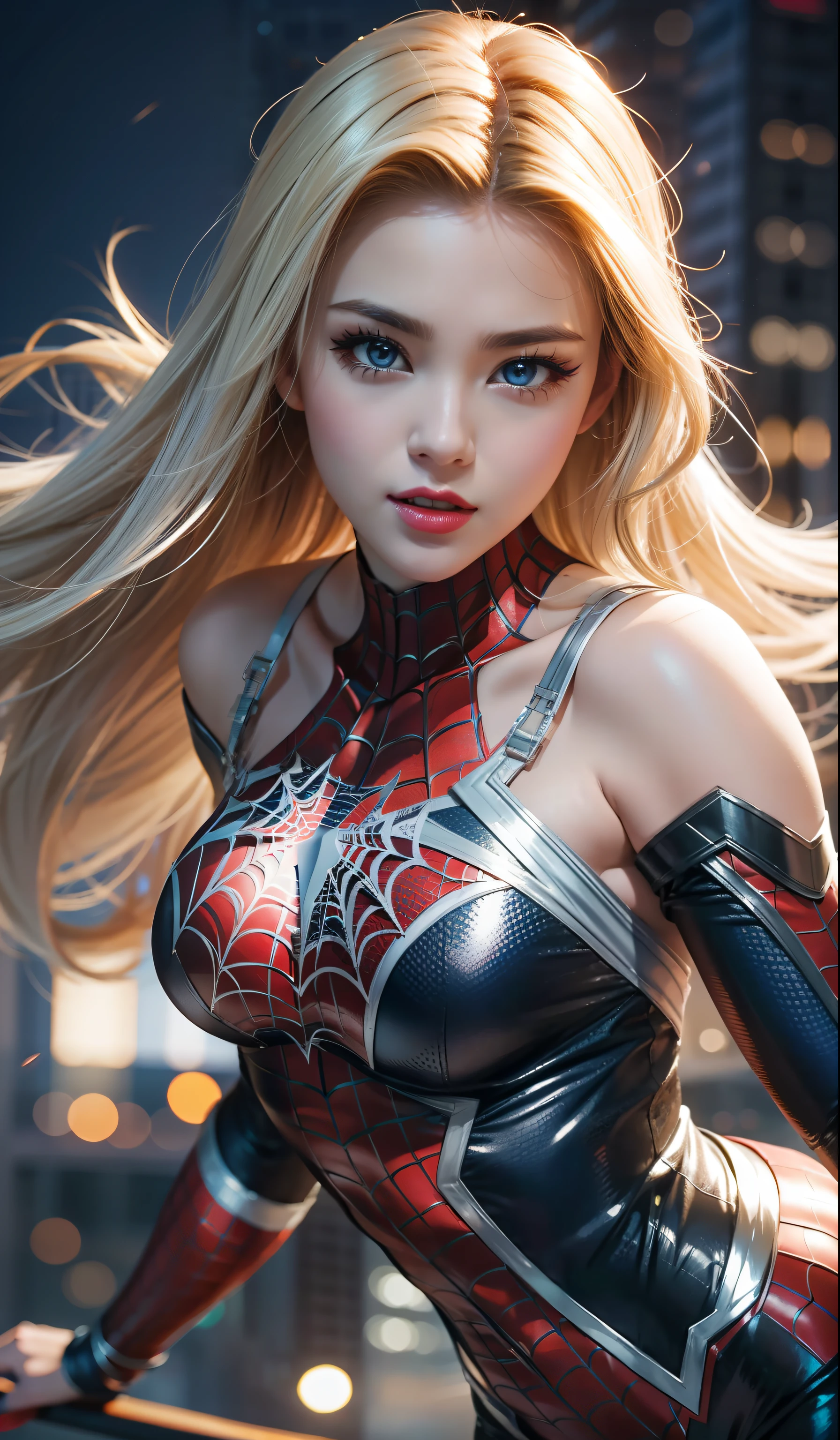 （tmasterpiece：1.4）， （8k， realisticlying， RAW photos， best qualtiy： 1.4）， japanes， （1girll）， beauitful face， （photorealiscic face：1.4）， （whaite hair， long whitr hair：1.3）， Beautiful hairstyle， beatiful detailed eyes， （best ratio eyes：1.5）， Attractive， Ultra-high resolution， Ultra photo realsisim， highly  detailed， Optimal proportions， （Detailed face：1.4）， looking at viewert， Red lipstick， （best ratio fingers：1.5）， （white super hero theme， carismatic， there's a girl on top of town，Wearing lingerie Spider-Man costume，she is a superhero），[（（25 age old），full bodyesbian，（Realistic blue eyes：1.2），（（Spider-Man pose），Show power，jump from one building to another），（（sandy urban environment）：0.8）|（view over city，the night，dynamic lightoon full））] # illustrated：The Prompt mainly describes a 4K painting of ultra-high definition，very realistic，The is very detailed。It showcases superheroines at the top of the city，wearing Spider-Man costume。The subject in the painting is a white superhero theme，The heroine has long white hair，He is 25 years old，The entire figure is shown in the painting。In terms of depicting the action of a superheroine，Spiders were used，