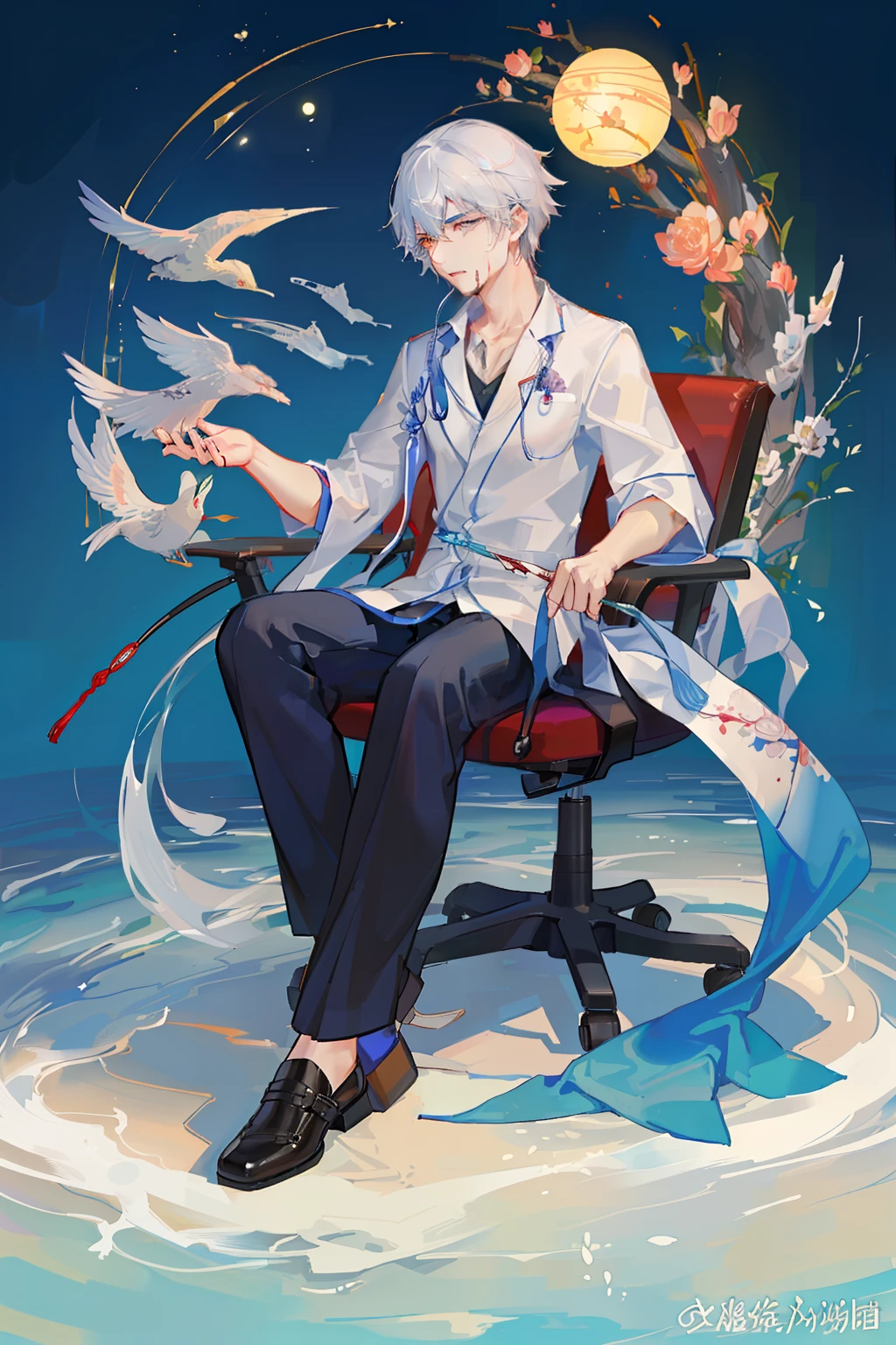 Anime character sitting in a chair with a bird and a fish - SeaArt AI