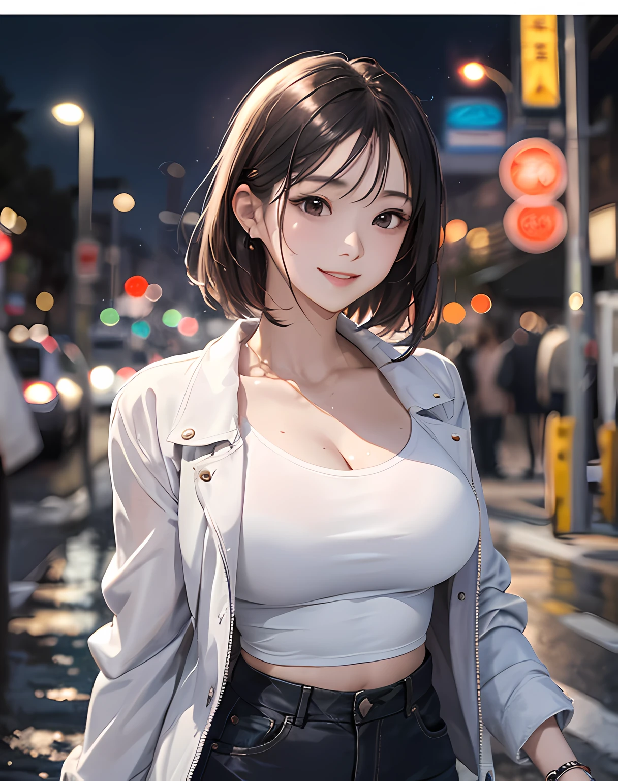 (8k, best quality, masterpiece:1,2), (realistic, photo-realistic:1,37), top quality, masterpiece, a beautiful woman, wearing a shirt for women crop v neck top white t-shirt korean fashion women t with a tight open gray color jacket, beautiful and toned body, cleavage, floral mini skirt, walking in the suburbs, slightly drizzling night background, in shops with Korean-style shop lights, night atmosphere, slightly wet asphalt, seductive smiles with dimples,