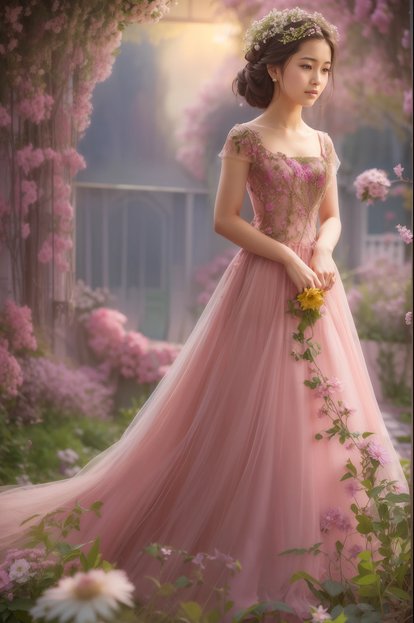Young beautiful blonde girl wearing a full-length draped one shoulder pale  pink satin slit prom ball gown decorated with embroindered pattern. Dress  rental service with many dresses in on background. Stock Photo