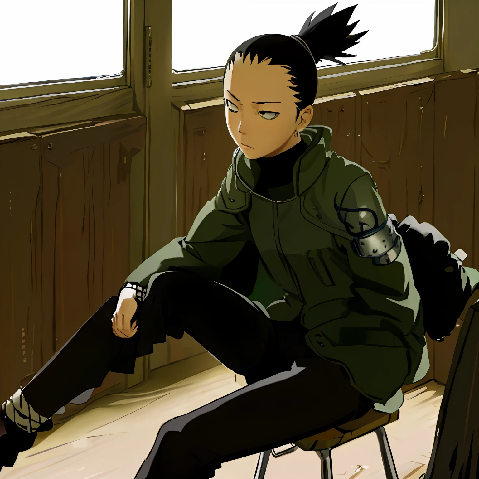 nara shikamaru, 1 chica, solo, inexpresivo, aburrido, sentado frente a un escritorio, aula, luz de sol, falda, brazos cruzados sobre el escritorio