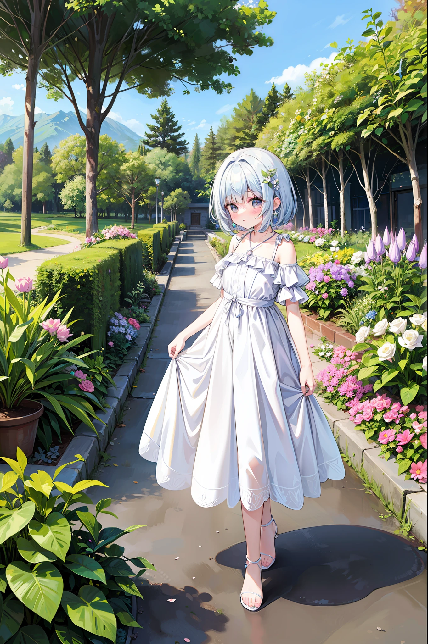 A beautiful dream princess. Ella lleva un hermoso vestido y un bonito peinado. She is standing in front of a large garden of small flowering plants...