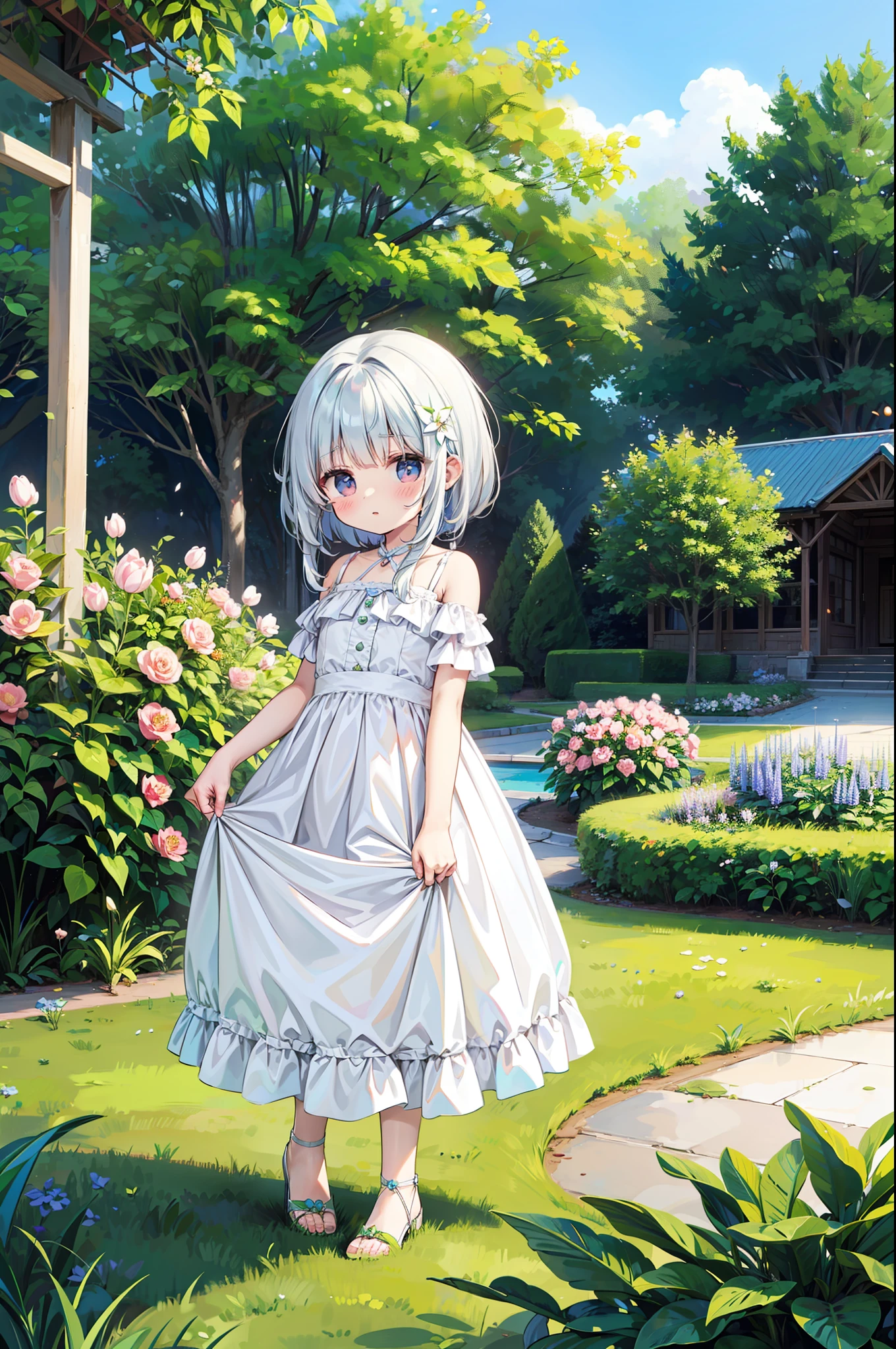 A beautiful dream princess. Ella lleva un hermoso vestido y un bonito peinado. She is standing in front of a large garden of small flowering plants...