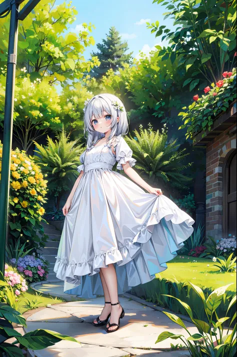 A beautiful dream princess. Ella lleva un hermoso vestido y un bonito peinado. She is standing in front of a large garden of sma...