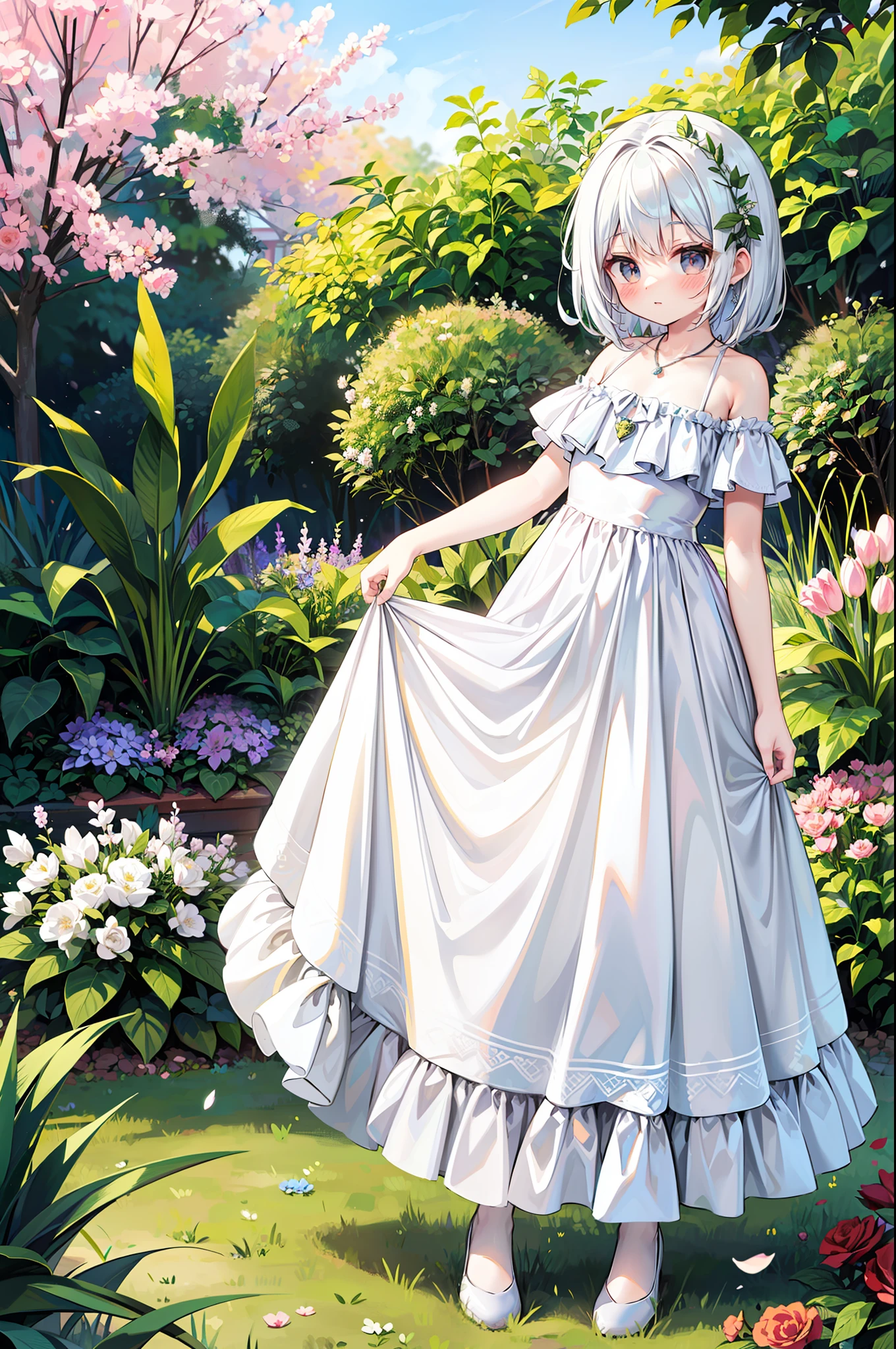 A beautiful dream princess. Ella lleva un hermoso vestido y un bonito peinado. She is standing in front of a large garden of small flowering plants...